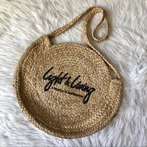 Round straw woven crossbody bag, tan